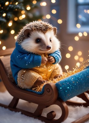 A hedgehog wearing a blue sweater sits in a wooden sled