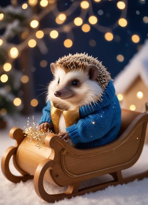 A hedgehog in a blue sweater rides a wooden sled