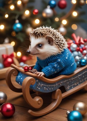 Hedgehog in a blue sweater on a tiny sleigh