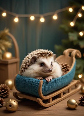 Hedgehog in a blue sled with christmas lights