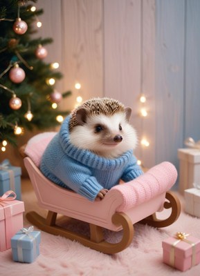 A hedgehog in a blue sweater sits in a pink sleigh
