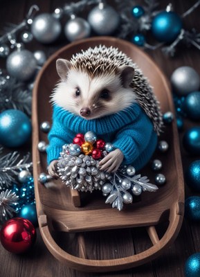 A hedgehog wearing a blue sweater sits in a wooden sled
