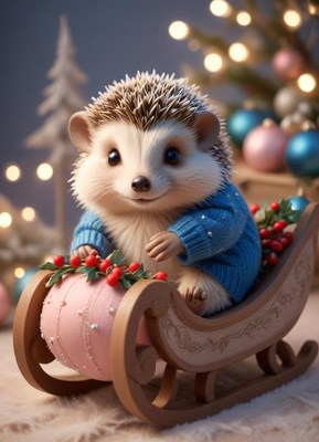 A cute hedgehog in a blue sweater rides a pink sleigh