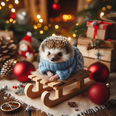 A hedgehog wearing a blue sweater sits on a wooden sled
