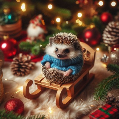 Hedgehog in a blue sweater on a sled with christmas decor