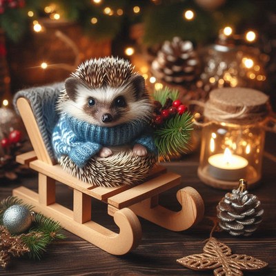 A hedgehog wearing a blue sweater sits on a wooden sled