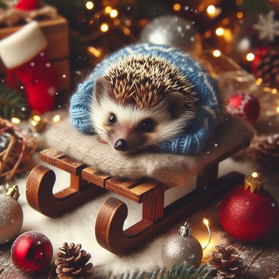 A hedgehog wearing a blue sweater sits on a wooden sled