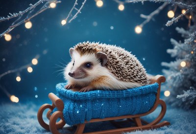 A hedgehog sits in a blue sled during a winter wonderland