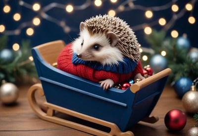 Hedgehog in a sweater sits in a blue sleigh