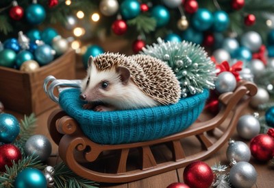 A small hedgehog sits in a blue, knitted sled