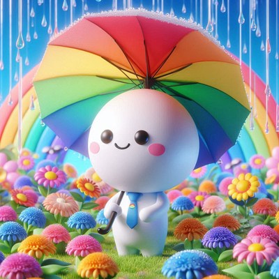 A joyful figure in a flower field with a rainbow umbrella