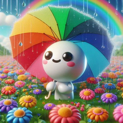 Happy character in a flower field with umbrella