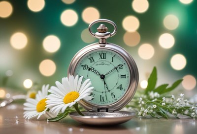 Silver pocket watch with green face among daisies