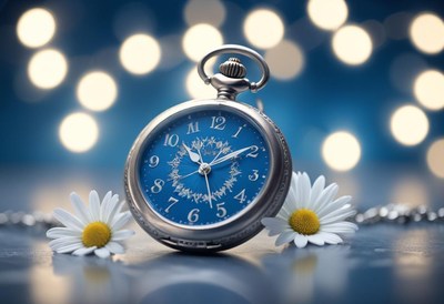 A vintage pocket watch with daisies sits on a blue surface