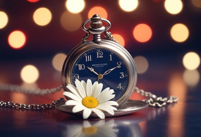 A silver pocket watch with a daisy sits on a table