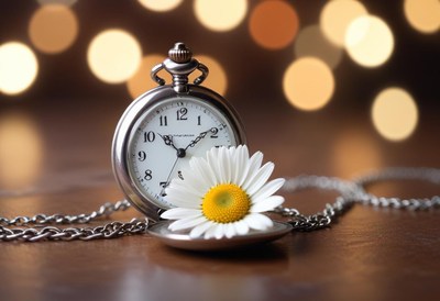 A silver pocket watch with a chain rests on a table