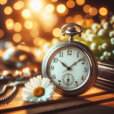 A silver pocket watch sits on a wooden surface with a daisy
