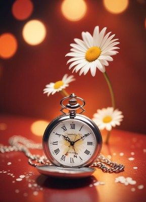 A pocket watch sits with daisies on a red surface