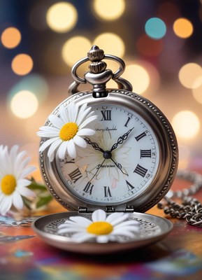 Silver pocket watch with daisies on vibrant surface