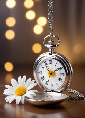 A silver pocket watch with a daisy sits on a table