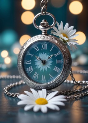 Silver pocket watch with blue face and daisies