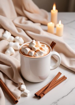 A mug of hot cocoa with marshmallows on marble