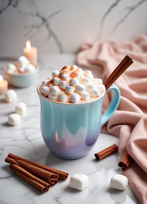 A steaming mug of hot chocolate with toppings