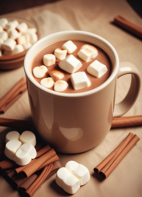 Hot chocolate with marshmallows and cinnamon sticks