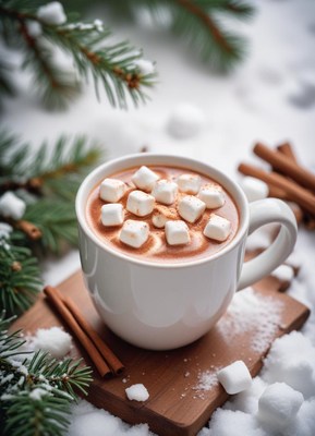 Hot chocolate with marshmallows on snow