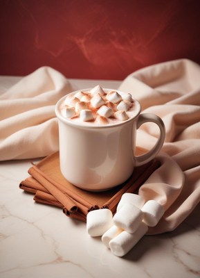 A mug of cocoa with marshmallows on a coaster