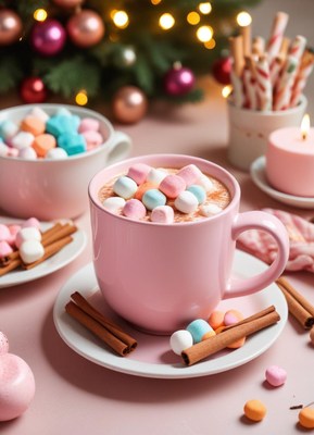 Pink mug of hot chocolate with marshmallows