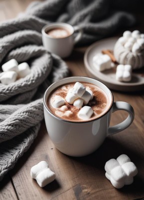 A mug of hot cocoa with marshmallows sits on a wooden table