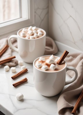 Two mugs of cocoa with marshmallows on marble
