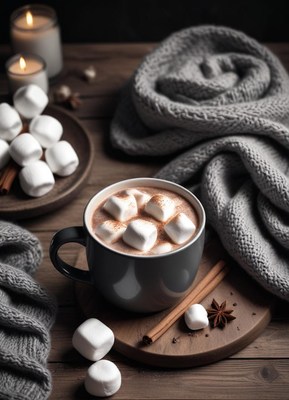 A warm mug of cocoa with marshmallows on wood