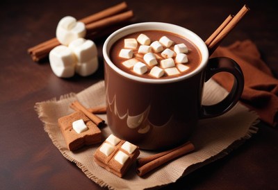 A mug of hot chocolate with marshmallows and cinnamon sticks