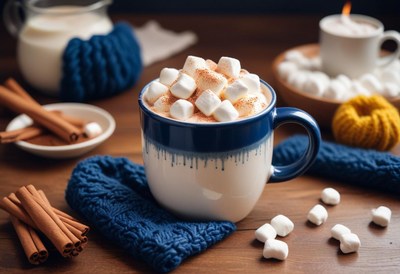A warm cup of cocoa with marshmallows and cinnamon sticks