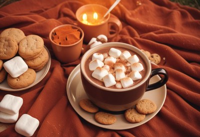 Cozy fall day with hot chocolate, marshmallows, cookies