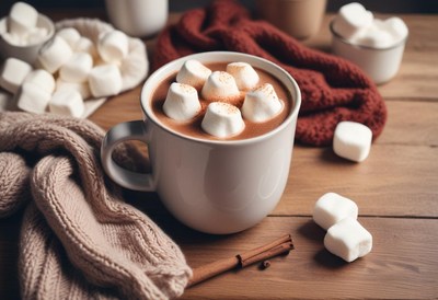 Hot chocolate with marshmallows on a wooden table