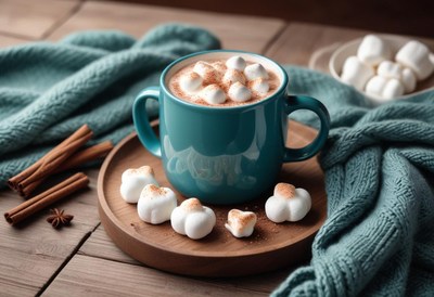 A mug of hot cocoa with marshmallows sits on a wooden table