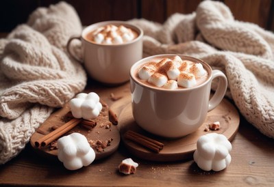 Two mugs of hot chocolate on a table