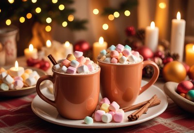 Two cocoa mugs with marshmallows on a festive table