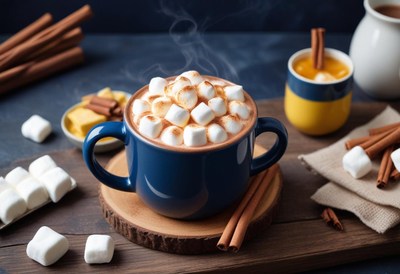 A cup of hot cocoa with marshmallows and cinnamon sticks