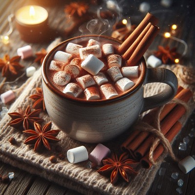 A mug of hot chocolate with marshmallows and cinnamon sticks