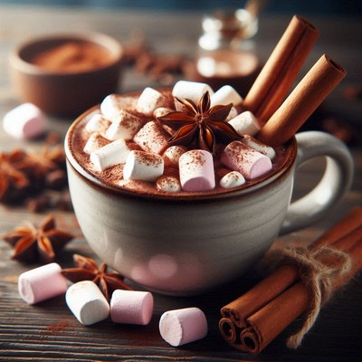 A cup of hot chocolate with marshmallows and cinnamon sticks