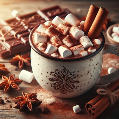 A mug of hot chocolate with marshmallows and cinnamon sticks