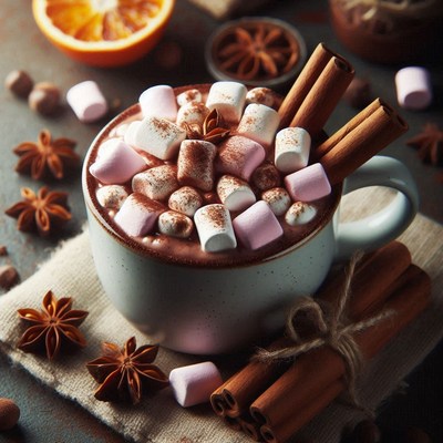 A mug of hot chocolate with marshmallows and cinnamon sticks