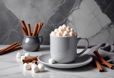 A cup of hot chocolate with marshmallows and cinnamon sticks