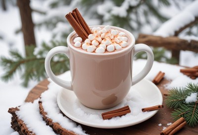 Hot chocolate with marshmallows on a snowy table