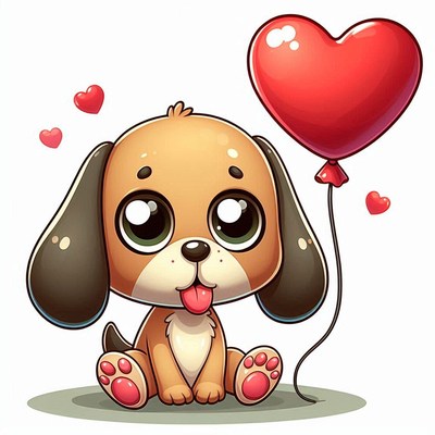 A cute cartoon dog holds a heart balloon