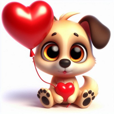 A cute cartoon puppy holds a heart balloon